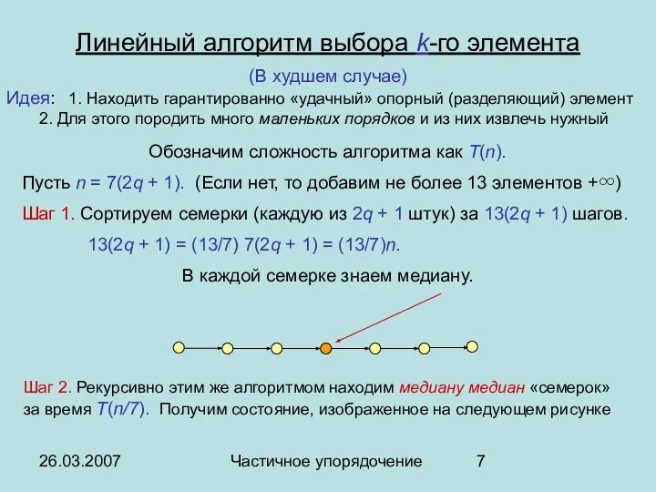 26.03.2007 Частичное упорядочение Линейный алгоритм выбора k-го элемента (В худшем случае)