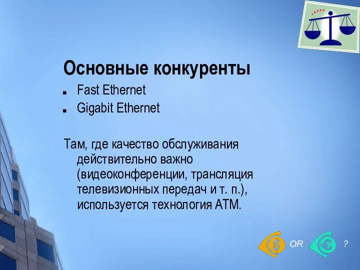 Основные конкуренты Fast Ethernet Gigabit Ethernet Там, где качество обслуживания действительно