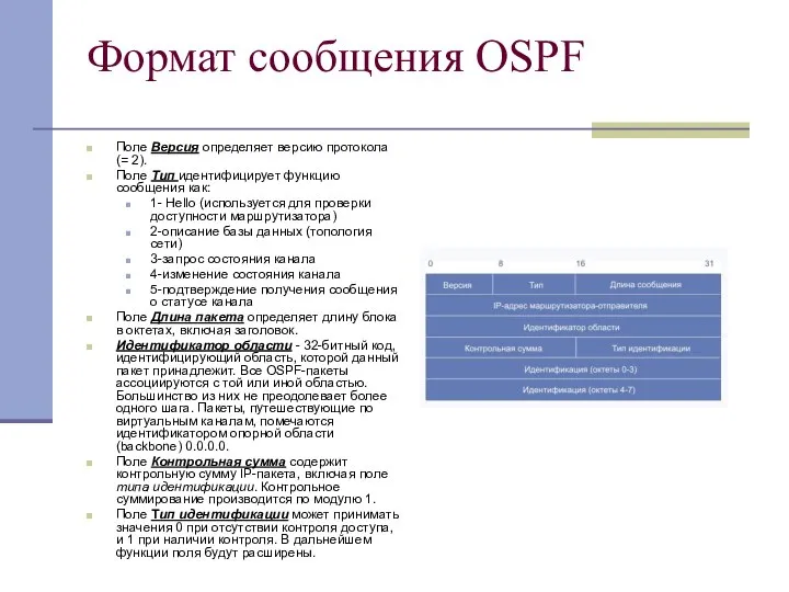 Формат сообщения OSPF Поле Версия определяет версию протокола (= 2). Поле