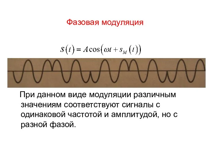 Фазовая модуляция При данном виде модуляции различным значениям соответствуют сигналы с