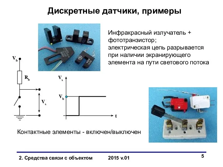 Дискретные датчики, примеры Контактные элементы - включен/выключен Инфракрасный излучатель + фототранзистор;