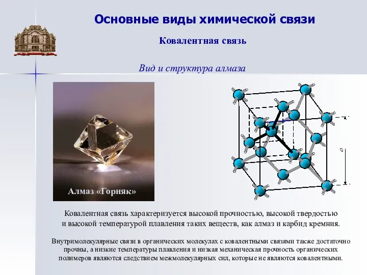 Основные виды химической связи Вид и структура алмаза Ковалентная связь Ковалентная