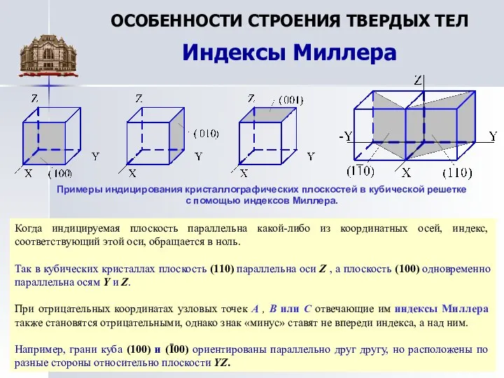 ОСОБЕННОСТИ СТРОЕНИЯ ТВЕРДЫХ ТЕЛ Индексы Миллера Когда индицируемая плоскость параллельна какой-либо