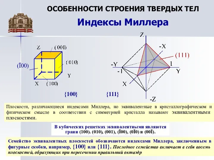 ОСОБЕННОСТИ СТРОЕНИЯ ТВЕРДЫХ ТЕЛ Индексы Миллера Семейство эквивалентных плоскостей обозначаются индексами