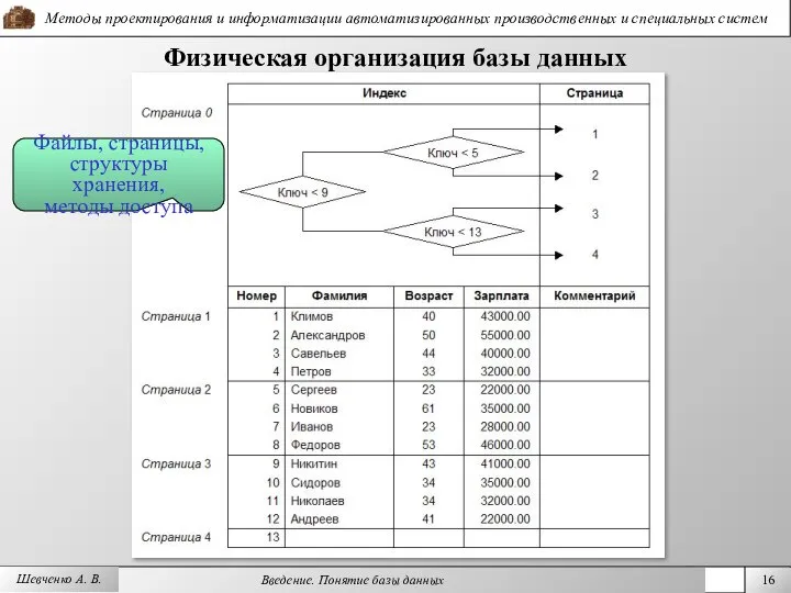 Физическая организация базы данных Файлы, страницы, структуры хранения, методы доступа Шевченко А. В.