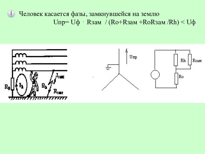 ? Человек касается фазы, замкнувшейся на землю Uпр= Uф ⋅ Rзам / (Ro+Rзам +RoRзам /Rh)