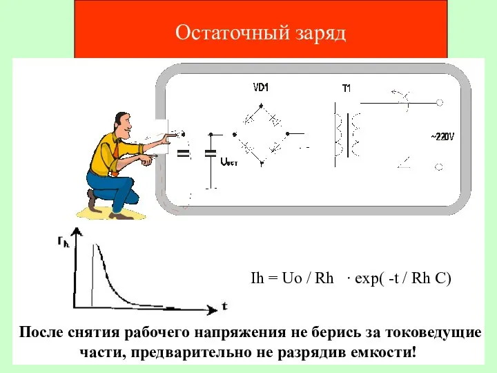 Остаточный заряд После снятия рабочего напряжения не берись за токоведущие части, предварительно не разрядив емкости!