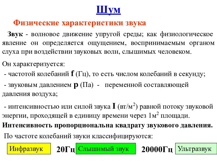 Шум Физические характеристики звука Звук - волновое движение упругой среды; как