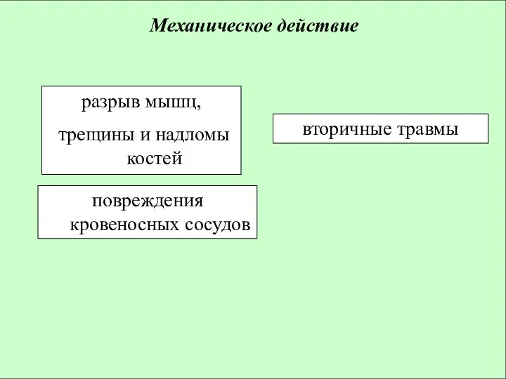 Механическое действие разрыв мышц, трещины и надломы костей вторичные травмы повреждения кровеносных сосудов