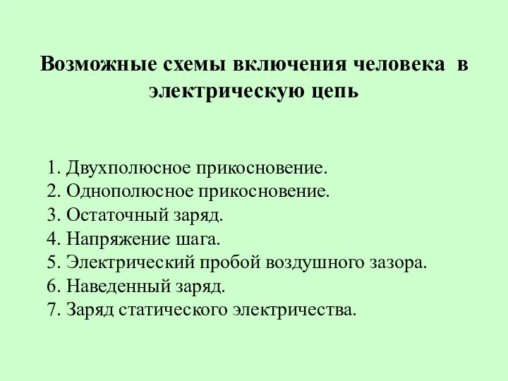 Возможные схемы включения человека в электрическую цепь 1. Двухполюсное прикосновение. 2.