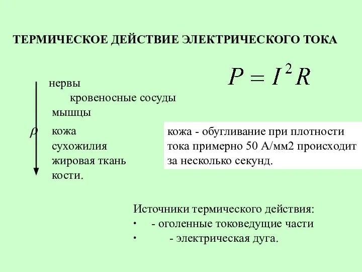 ТЕРМИЧЕСКОЕ ДЕЙСТВИЕ ЭЛЕКТРИЧЕСКОГО ТОКА нервы кровеносные сосуды мышцы ρ кожа сухожилия