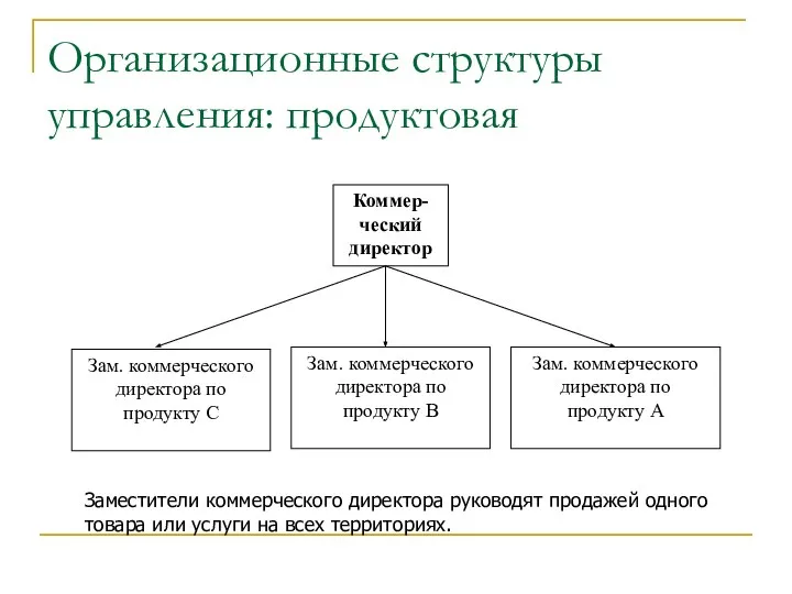 Организационные структуры управления: продуктовая Заместители коммерческого директора руководят продажей одного товара или услуги на всех территориях.