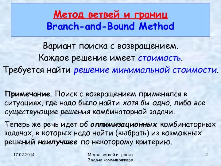 17.02.2014 Метод ветвей и границ Задача коммивояжера Метод ветвей и границ