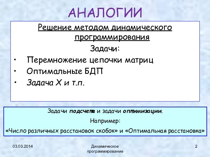 03.03.2014 Динамическое программирование АНАЛОГИИ Решение методом динамического программирования Задачи: Перемножение цепочки