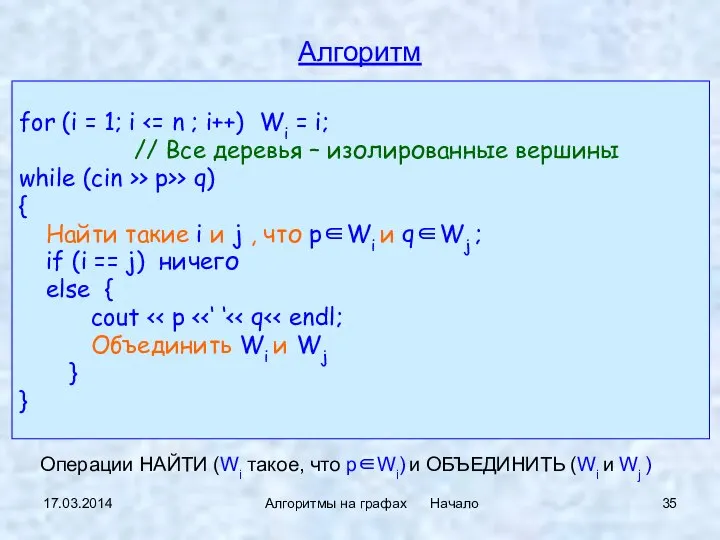 17.03.2014 Алгоритмы на графах Начало Алгоритм for (i = 1; i