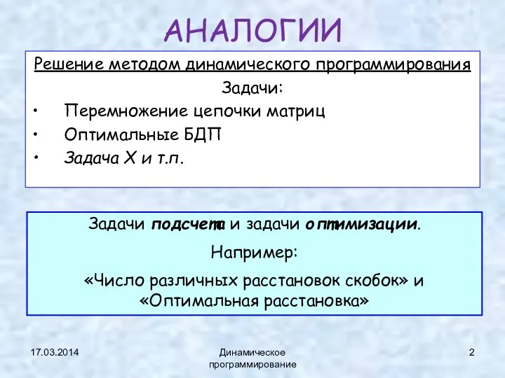 17.03.2014 Динамическое программирование АНАЛОГИИ Решение методом динамического программирования Задачи: Перемножение цепочки