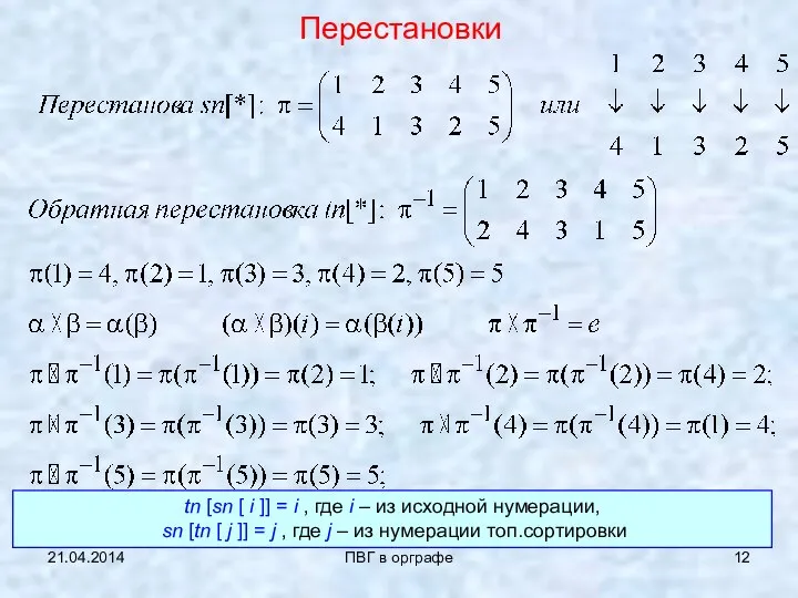 21.04.2014 ПВГ в орграфе Перестановки tn [sn [ i ]] =