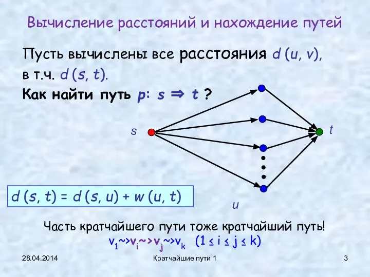 28.04.2014 Кратчайшие пути 1 Вычисление расстояний и нахождение путей Пусть вычислены