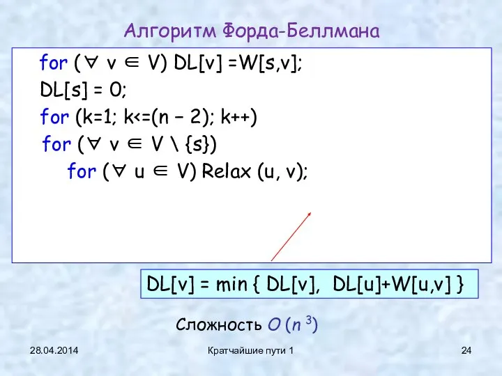 28.04.2014 Кратчайшие пути 1 for (∀ v ∈ V) DL[v] =W[s,v];