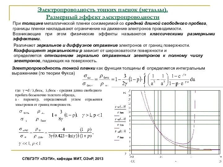 Электропроводность тонких пленок (металлы). Размерный эффект электропроводности При толщине металлической пленки