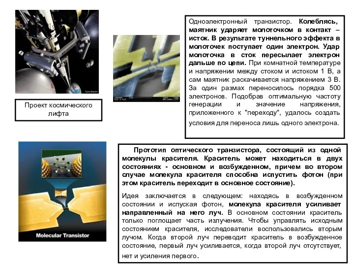 Проект космического лифта Одноэлектронный транзистор. Колеблясь, маятник ударяет молоточком в контакт