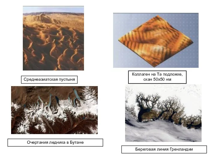 Среднеазиатская пустыня Коллаген на Та подложке, скан 50х50 нм Очертания ледника в Бутане Береговая линия Гренландии