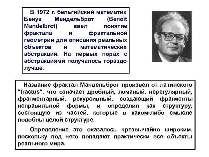 В 1972 г. бельгийский математик Бенуа Мандельброт (Benoit Mandelbrot) ввел понятие