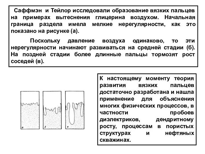 Саффмэн и Тейлор исследовали образование вязких пальцев на примерах вытеснения глицерина