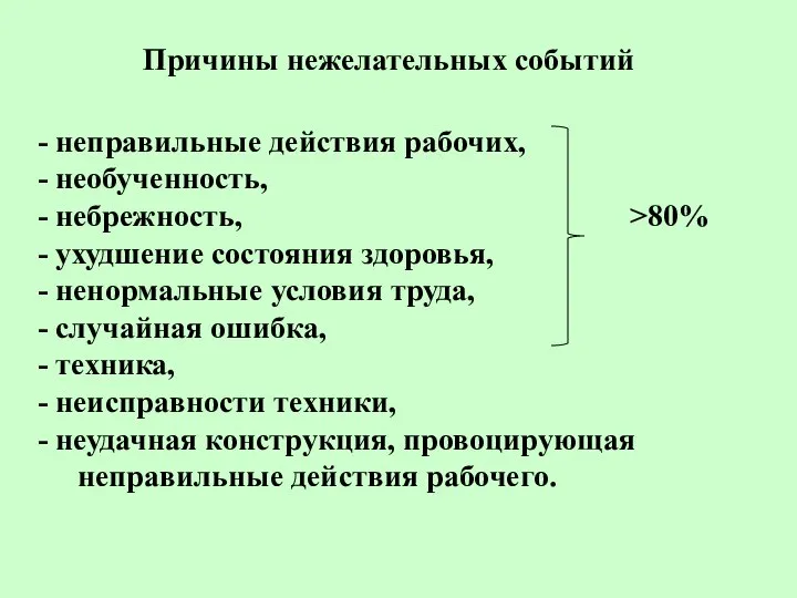 Причины нежелательных событий - неправильные действия рабочих, - необученность, - небрежность,