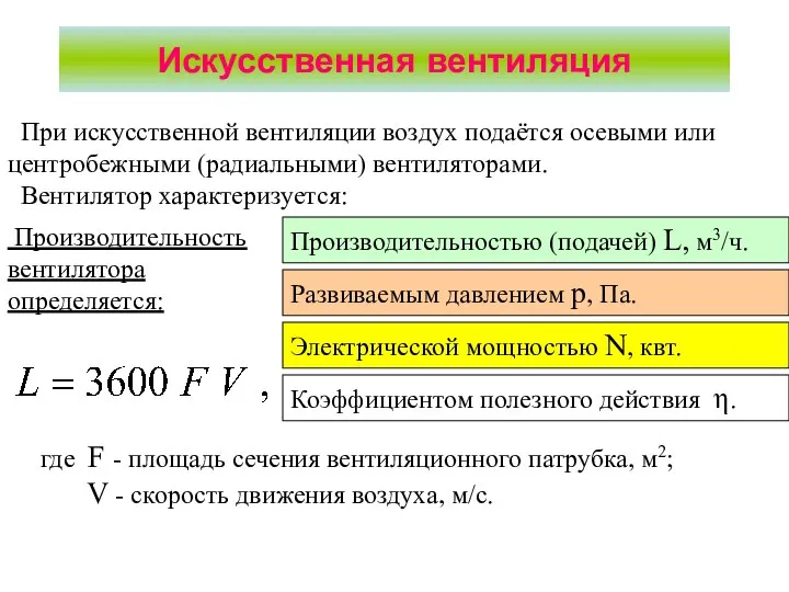 Искусственная вентиляция При искусственной вентиляции воздух подаётся осевыми или центробежными (радиальными)