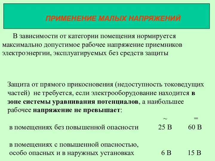 ПРИМЕНЕНИЕ МАЛЫХ НАПРЯЖЕНИЙ В зависимости от категории помещения нормируется максимально допустимое