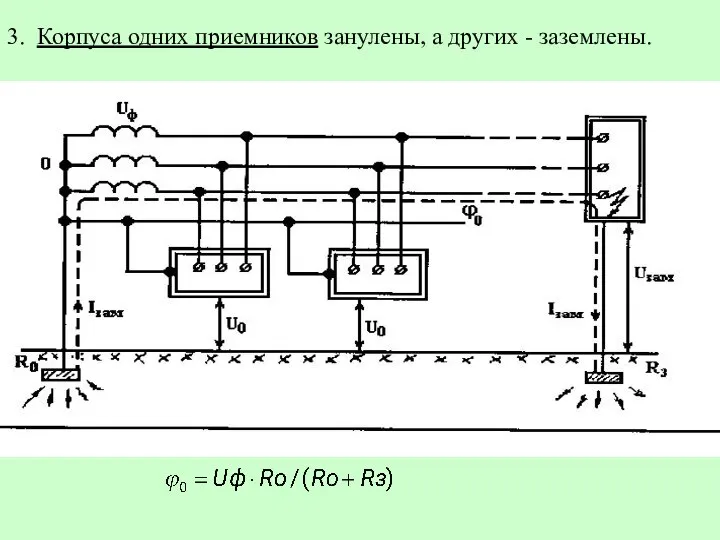 3. Корпуса одних приемников занулены, а других - заземлены.