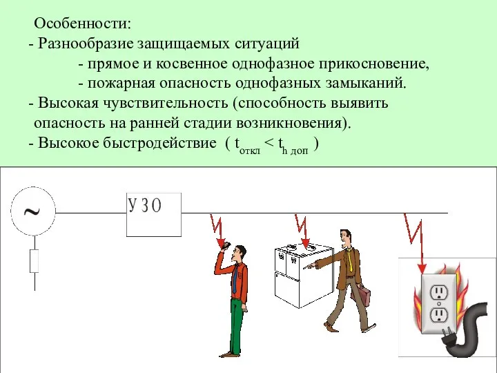 Особенности: Разнообразие защищаемых ситуаций прямое и косвенное однофазное прикосновение, пожарная опасность