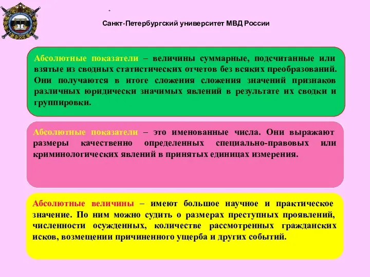 Санкт-Петербургский университет МВД России Абсолютные показатели – величины суммарные, подсчитанные или