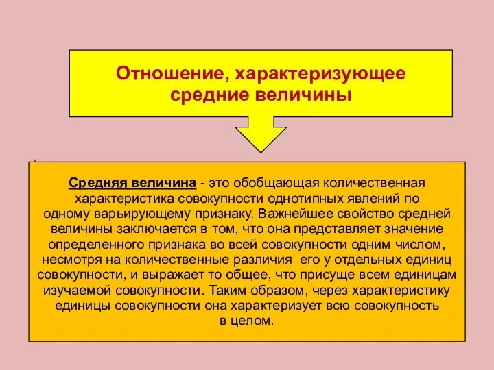 Отношение, характеризующее средние величины Средняя величина - это обобщающая количественная характеристика