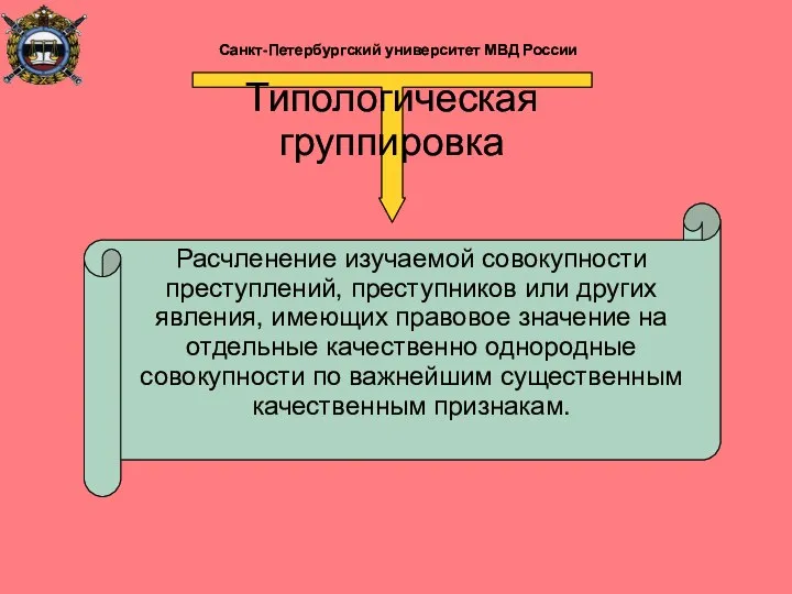 Типологическая группировка Расчленение изучаемой совокупности преступлений, преступников или других явления, имеющих