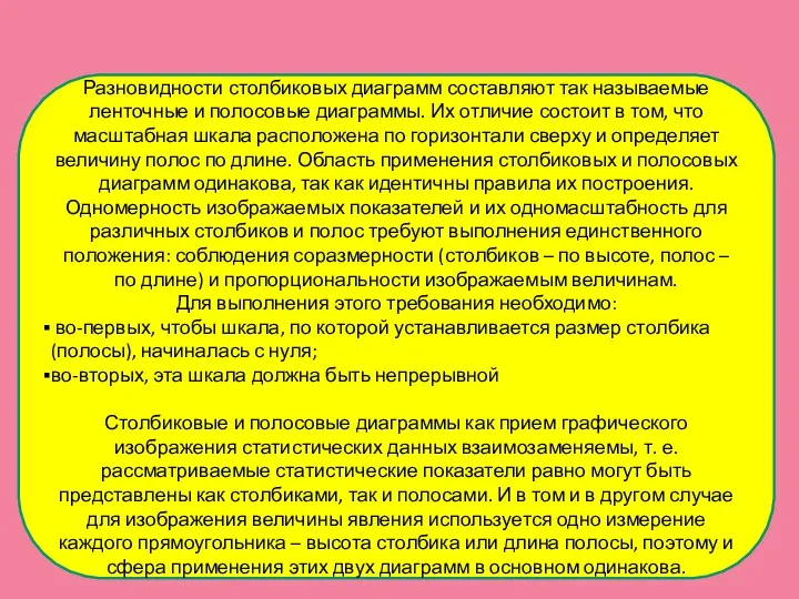 Разновидности столбиковых диаграмм составляют так называемые ленточные и полосовые диаграммы. Их