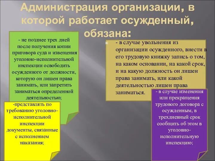 Администрация организации, в которой работает осужденный, обязана: - в случае увольнения