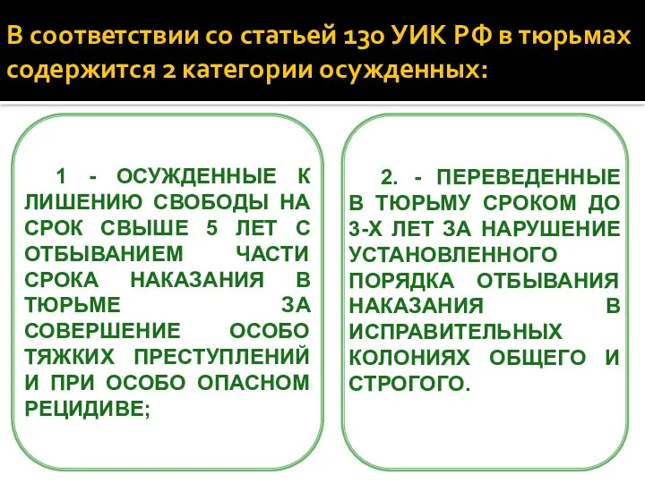 В соответствии со статьей 130 УИК РФ в тюрьмах содержится 2