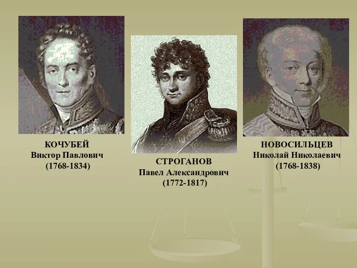 КОЧУБЕЙ Виктор Павлович (1768-1834) СТРОГАНОВ Павел Александрович (1772-1817) НОВОСИЛЬЦЕВ Николай Николаевич (1768-1838)