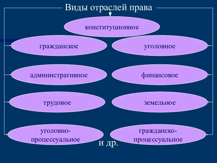 Виды отраслей права и др. конституционное административное финансовое уголовное гражданское трудовое земельное уголовно-процессуальное гражданско-процессуальное