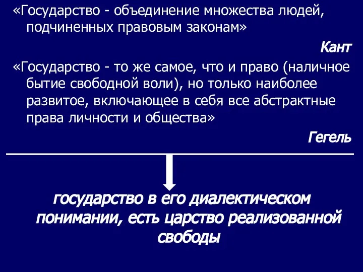 «Государство - объединение множества людей, подчиненных правовым законам» Кант «Государство -