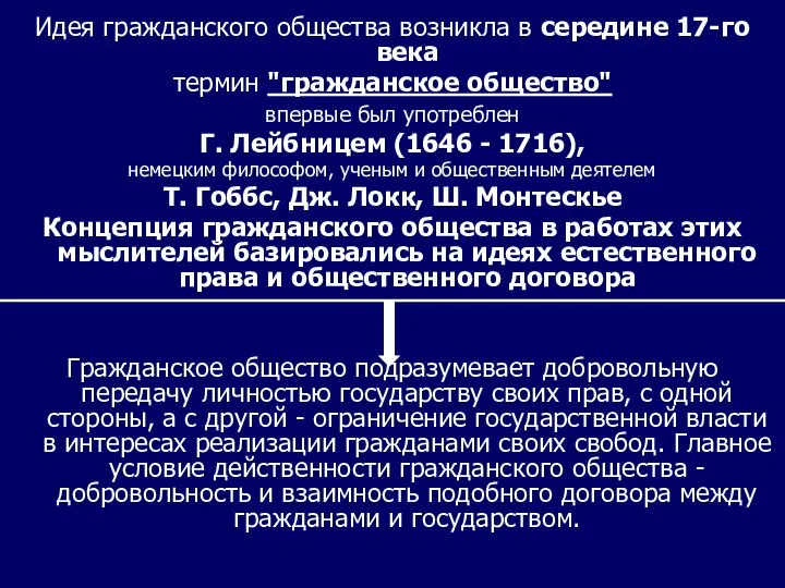 Идея гражданского общества возникла в середине 17-го века термин "гражданское общество"