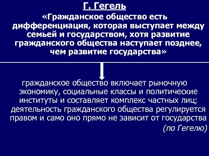 Г. Гегель «Гражданское общество есть дифференциация, которая выступает между семьей и