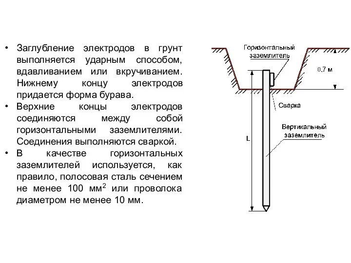 Заглубление электродов в грунт выполняется ударным способом, вдавливанием или вкручиванием. Нижнему