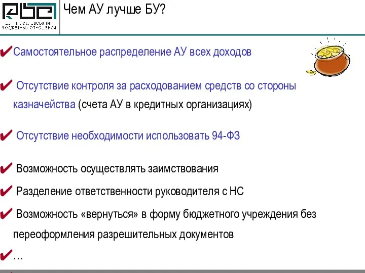 Чем АУ лучше БУ? Самостоятельное распределение АУ всех доходов Отсутствие контроля