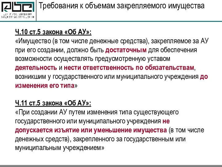 Требования к объемам закрепляемого имущества Ч.10 ст.5 закона «Об АУ»: «Имущество