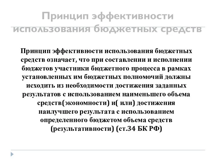 Принцип эффективности использования бюджетных средств Принцип эффективности использования бюджетных средств означает,