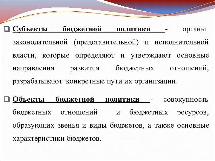 Субъекты бюджетной политики - органы законодательной (представительной) и исполнительной власти, которые