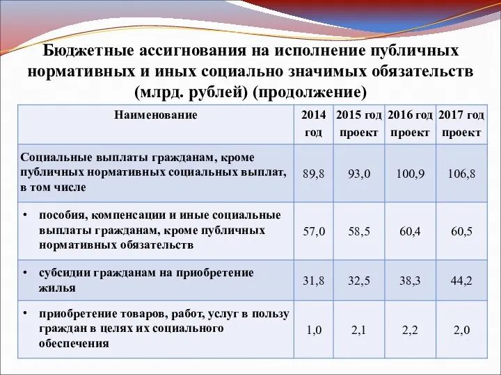 Бюджетные ассигнования на исполнение публичных нормативных и иных социально значимых обязательств(млрд. рублей) (продолжение)